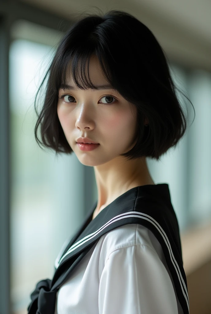 Realistic glowing skin, (sweating:1.4),Stand backwards,Look back at your face,Always look at the camera, (When the uniform gets wet with sweat, it becomes transparent..:1.4),(sweating:1.2),(Nipples:1.8),
Classic black and white sailor uniform,Summer clothes,Cold look,Cold Stare,Black Hair,short hair,Tie your hair short,Silky translucent white skin,best Realistic depiction,(Very detailed美しい顔), Great face and eyes, (Highest quality:1.4), (Very detailedな), (Very detailed CG 統合 8k 壁紙), Very detailed, High resolution raw color photos, Professional photography, Realistic portrait,
(Detailed RAW photos of the girl's whole body), Canon EOS R5 250mm, Sharp focus, Cinema Lighting, (No makeup:1.2), Fine skin, Delicate collarbone,Fine texture of the sailor uniform,Very Realistic sailor uniform texture,(Ultra-high resolution:1.6), (Realistic:1.6),