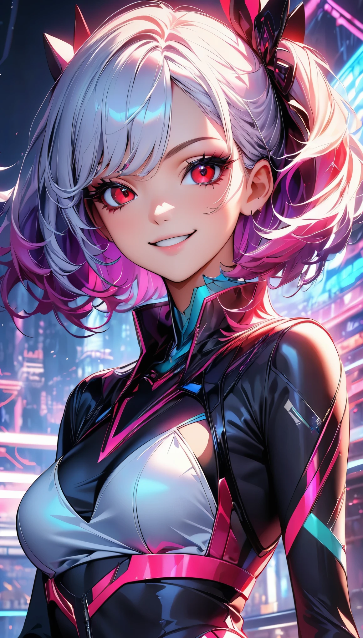 (Highest quality:1.2, Very detailed, up to date, Vibrant, Ultra-high resolution, High Contrast, masterpiece:1.2, Best aesthetics), (((1 person, beautiful girl))), super beautiful, Cyberpunk Style, and young々Beautiful appearance, Futuristic bodysuit with neon accents and glowing circuit patterns, Cybernetic Dress:1.2, Advanced personas created by cutting edge technology companies, The ultimate virtual idol, The concept colors are purple and blue., ((A nasty smile, Beautiful eyelashes, Beautiful red eyes)), Futuristic live stage, Dramatic colors, Chiaroscuro, Bust Shot, Sexy pose.