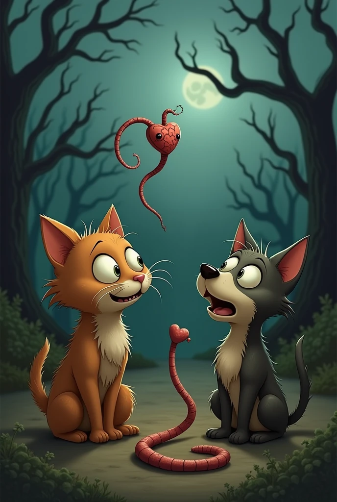 create something that is combing real photos of surprised animals (cat y dog) and then placing a Tim Burton-looking heartworm between them. cartoonist, but something scary