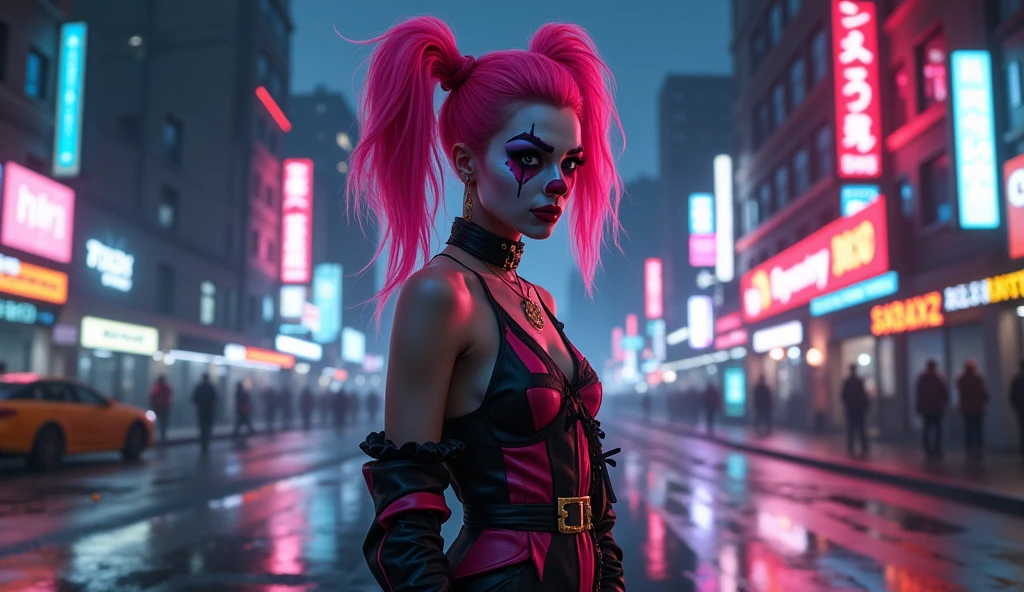 gta loading background realastic , 4k , unreal female with pink pony tail with clown makeup