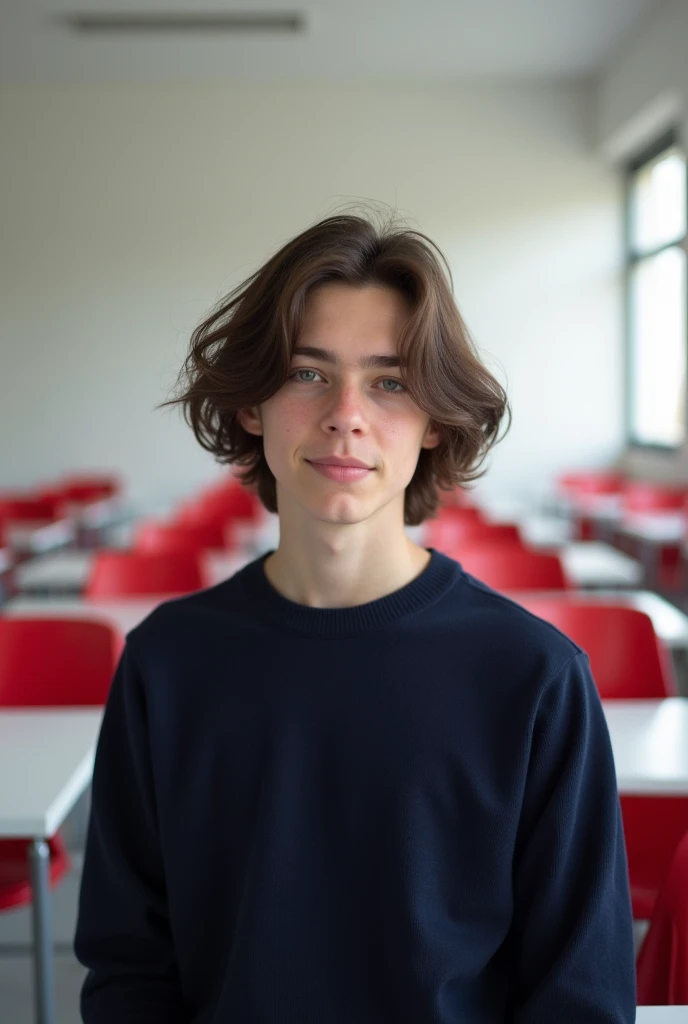 Create a hyper realistic image of a white 16 year old MAN, with wavy brown hair and dark brown eyes, hairstyle must be short curtains/middle part, slim build, dark navy blue sweater/jersey, background must be a white empty classroom with white desks and red chairs, in the University of the Incarnate Word Bajío, Mexico, facial expression must be neutral. Ethnicity must be white. Soft facial features, And a feminine jawline with a short ramus length