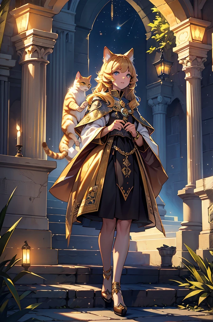Highest quality, High resolution, Attention to detail, detailed、Golden Cat、Wearing shining crystals、Light、bright、mysterious、night、Medieval European Gardens