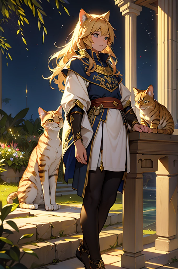 Highest quality, High resolution, Attention to detail, detailed、Golden Cat、Wearing shining crystals、Light、bright、mysterious、night、Medieval European Gardens