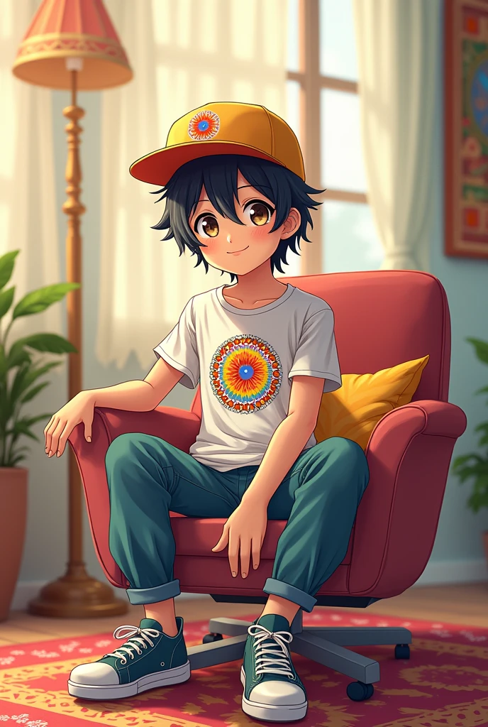 Create a anime character wearing India tshirt and a cap and sitting a chair 