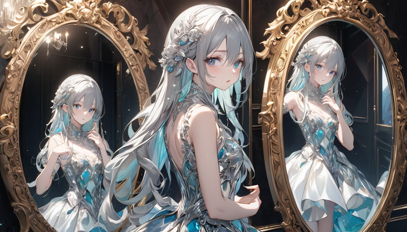 **301. One person。Personification of the mirror。Reflective、The embodiment of a reflecting mirror。Cowboy shot or close-up。  
masterpiece, best quality, ultra detailed (Detailed fingers), (Emotional), (Breathtakingly beautiful),  
(main part: 1.2 Whole body。), (Anime Style), (Very detailed), (mirror personification),  
(超High resolution, High resolution), (8k), (High resolution: 1.2), (Complex and beautiful: 1.2)**
- background: Luxurious Baroque room、A space with mirrors lining the walls。
- Personification: Young woman, around 18 years old、Wearing a shiny dress that mimics the reflection of a mirror。
-pose: Staring at the mirror as if to reflect oneself。
-expression: Confident gaze、A satisfied expression on the screen。
- Effects: 光が鏡面でReflective、Glow-in-the-dark effect。
-color: Silver and crystal、A color that symbolizes the transparency and brilliance of a mirror。
