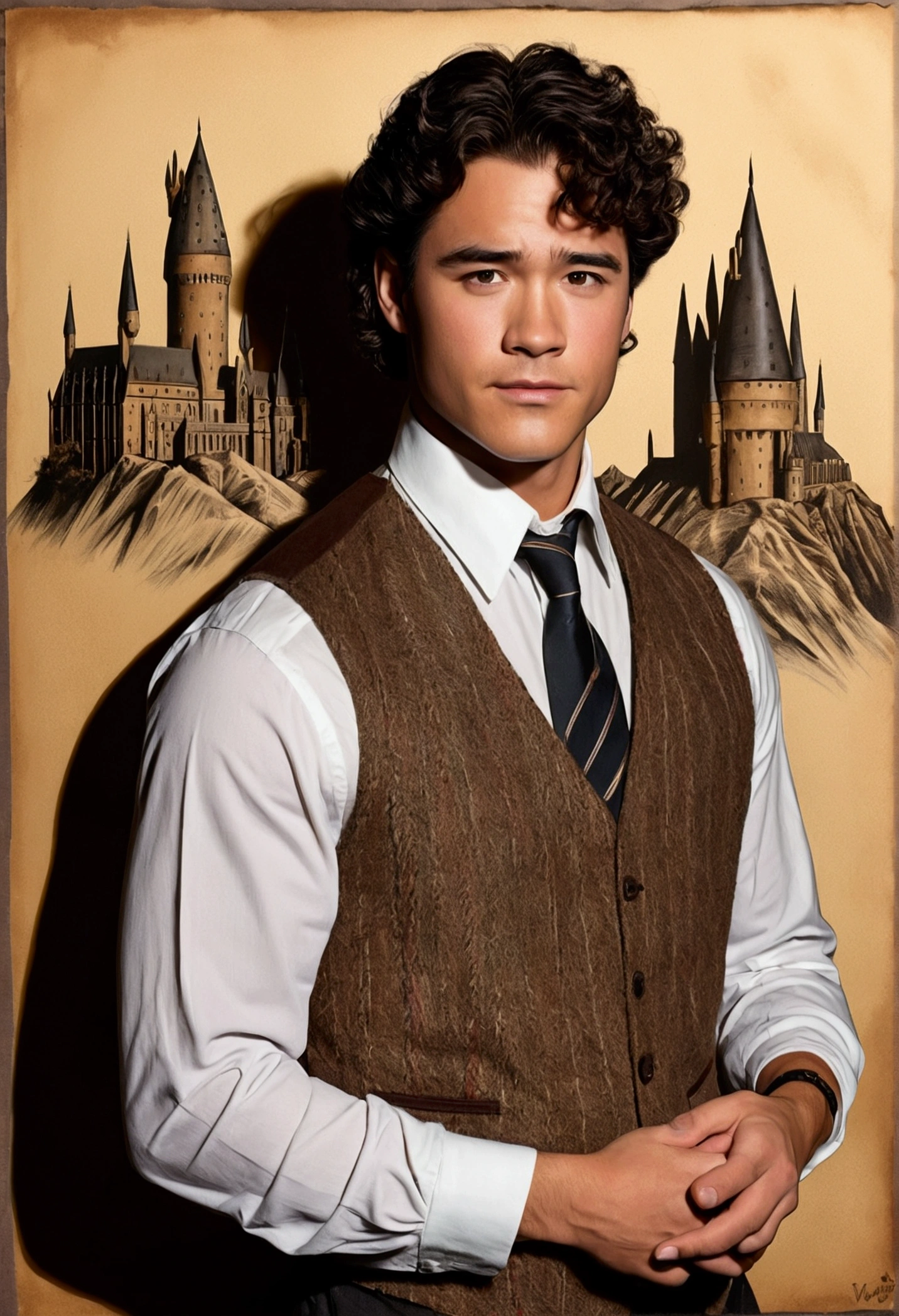 An illustrated movie poster, hand-drawn, full color, a Hogwarts Professor, 21 years old, male, brown eyes, brown-black hair, voluminous curly mane, suntan complexion, medium height, broad shoulders, stocky frame, muscular, rugged scruffy appearance, lots of body hair, resembles Dean Cain, wearing a tweed vest and slacks, standing in a Hogwarts Classroom, hard shadows, graphite shading, stencil marks, airbrushed acrylic paint, masterpiece, in the style of the Deathly Hallows