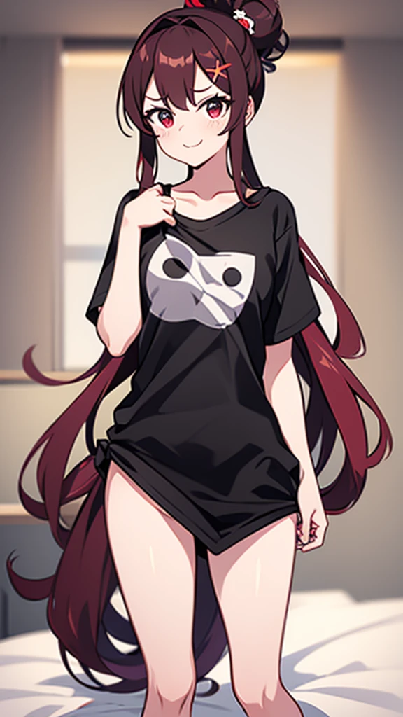 High tail hairstyle, two Ponytail hairstyle, Ponytail hairstyle, Long wavy black hair, standing posando, anime girl style, pixel art anime style,penetrating look with deep eyes,red and purple eyes, hair with a ponytail hairstyle trapped with a big red bun, women, red hair clips, x color shaped hair clips , smiling face blush, next to his bed, Black hair, thighs grandes, NSFW, from below, neckline, looking at the viewer, lascivious smile, ((oversized t-shirt)), off the shoulders, without pants, washing machines, thighs, ((White T-shirt)), standing, hands on the hips,