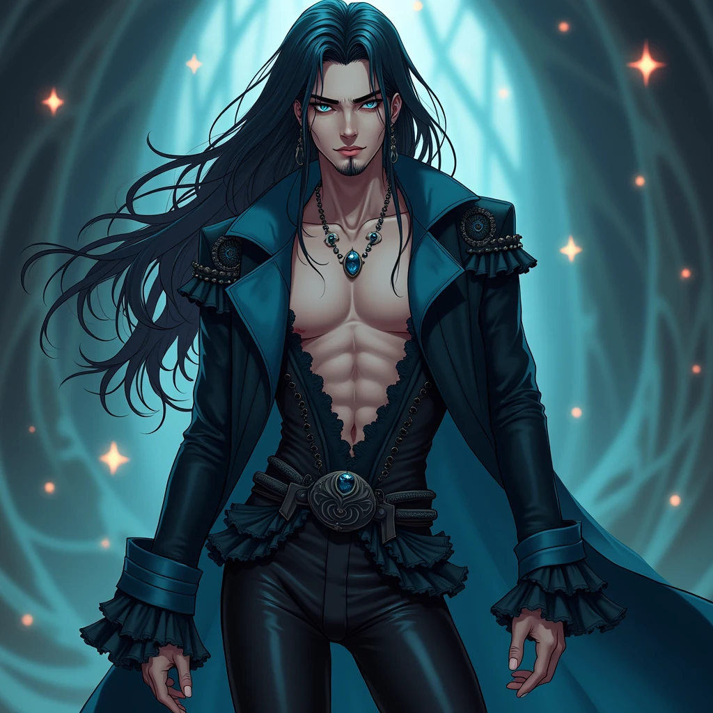 Male, sexy, long black hair, teal blue eyes, young, gothic black ocean blue frilly clothes. Delicate facial hair, no body hair, seductive, white, and pale. Sexy pose. Anime style. hot. shiny. thick and shiny legs. Sexy hips. nice detailed texture. masterpiece. beautifully drawn face. exposed legs. legs open.