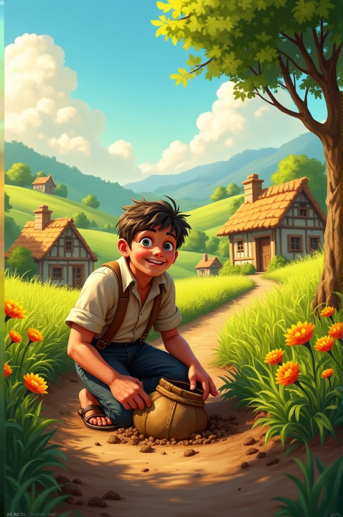 Image of a Village Setting:A picturesque village with small houses and fields.A humble farmer working in a field, looking surprised as he discovers a bag while digging. In Dall e-3 Style