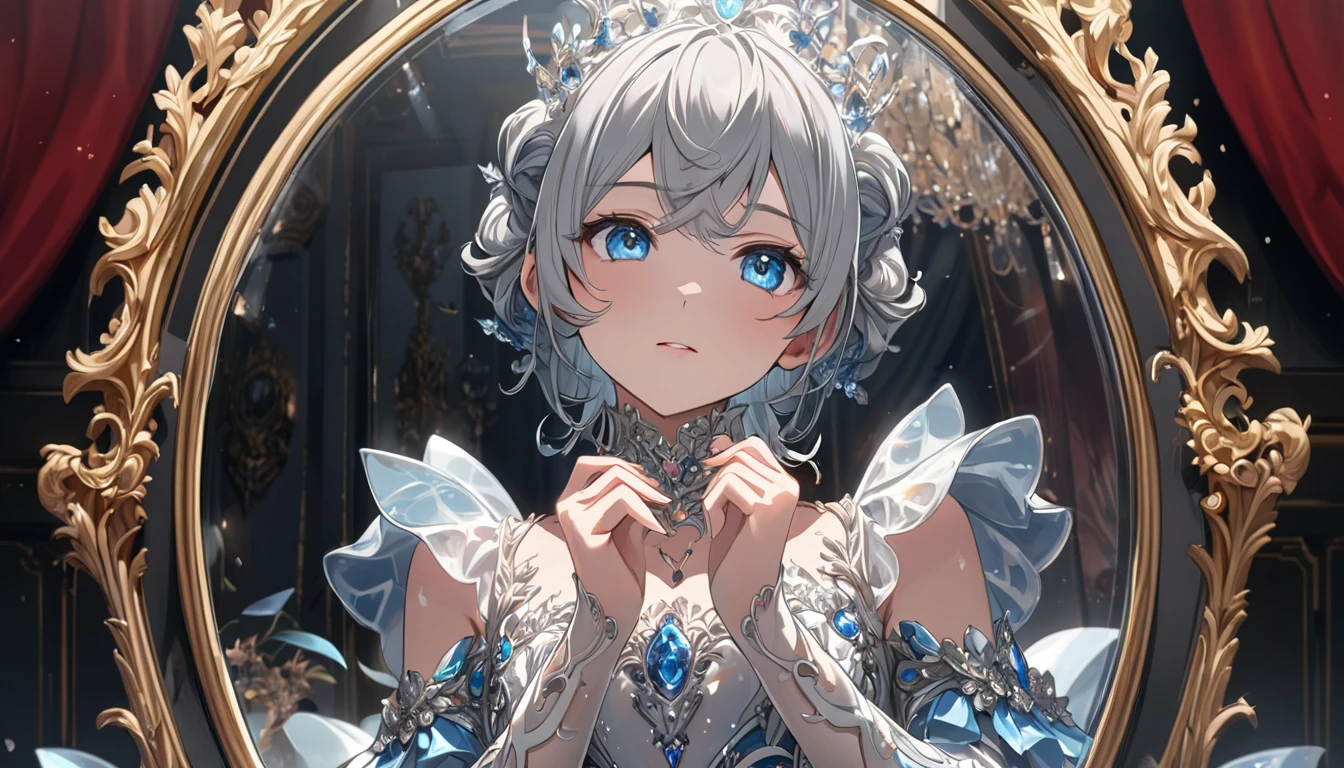 **301. One person。Personification of the mirror。Reflective、The embodiment of a reflecting mirror。Cowboy shot or close-up。
masterpiece, best quality, ultra detailed (Detailed fingers), (Emotional), (Breathtakingly beautiful),
(main part: 1.2 Whole body。), (Anime Style), (Very detailed), (mirror personification),
(超High resolution, High resolution), (8k), (High resolution: 1.2), (Complex and beautiful: 1.2)**
- background: Luxurious Baroque room、A space with mirrors lining the walls。
- Personification: Young woman, around 18 years old、Wearing a shiny dress that mimics the reflection of a mirror。
-pose: Staring at the mirror as if to reflect oneself。
-expression: Confident gaze、A satisfied expression on the screen。
- Effects: 光が鏡面でReflective、Glow-in-the-dark effect。
-color: Silver and crystal、A color that symbolizes the transparency and brilliance of a mirror。