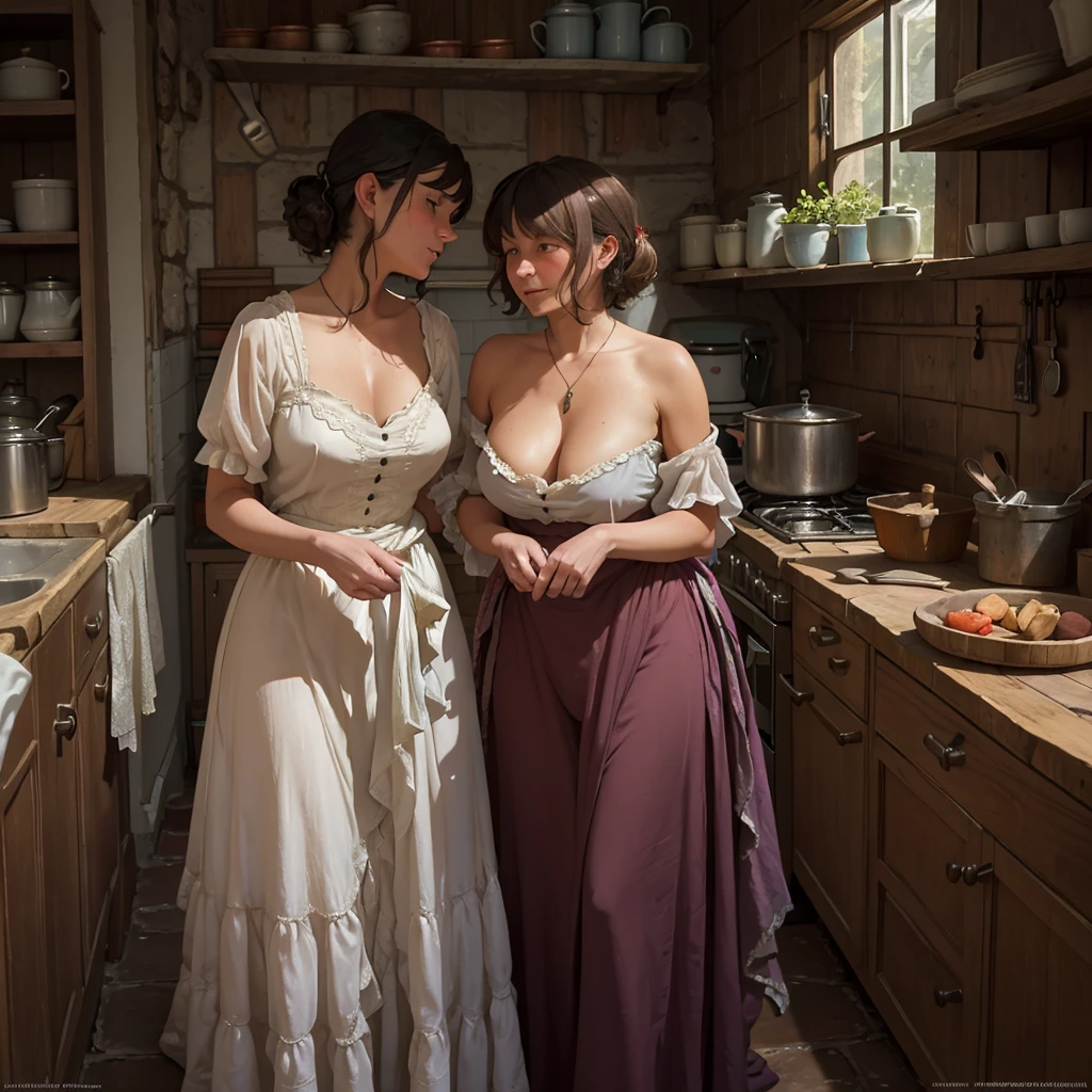 Two very poor old women from the 18th century, in a cottage kitchen, dressed in rags revealing their breasts and pubes, tenderly engaged in intense lesbian seduction.