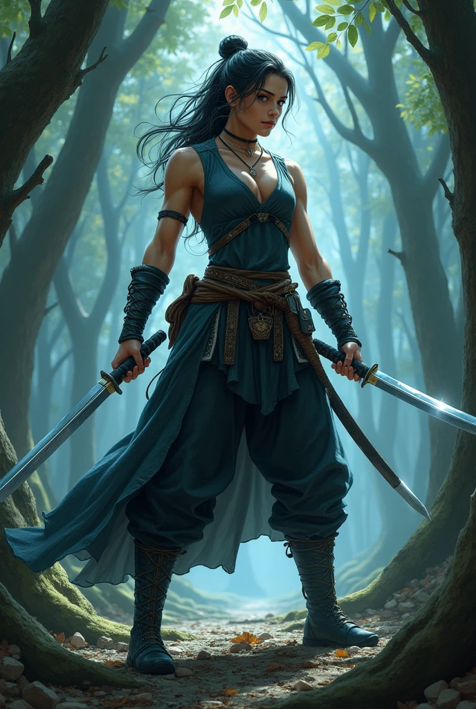 The image portrays a female D&D character with a striking, athletic build, exuding agility and resilience. She stands confidently, dual-wielding two sleek katanas with expert precision, suggesting her mastery in combat. Her attire is lightweight and practical, crafted for maximum flexibility and speed rather than protection, highlighting her exceptional dexterity. She wears a form-fitting, sleeveless tunic made of dark, sturdy cloth that flows with her movements, paired with similarly light trousers and high boots. Her clothing might have subtle, intricate patterns or runes, suggesting some magical enhancement, but there is no armor present.
Her posture is dynamic, perhaps in mid-strike or ready to dodge, showcasing her high agility and endurance. Her expression is one of focus and determination, with sharp eyes that hint at her quick reflexes and tactical mind. She might have a few scars, subtle reminders of past battles, further emphasizing her experience and toughness.
The background could suggest a natural or mystical setting, like a dense forest or an ancient temple, where her agility and adaptability are advantageous. The overall color palette might be dominated by darker tones, such as deep blues, blacks, or muted greens, with the metallic gleam of her katanas standing out prominently. The scene should convey a sense of speed, precision, and grace, reflecting her expertise as a dual-wielding warrior who relies on her agility and toughness rather than heavy armor.