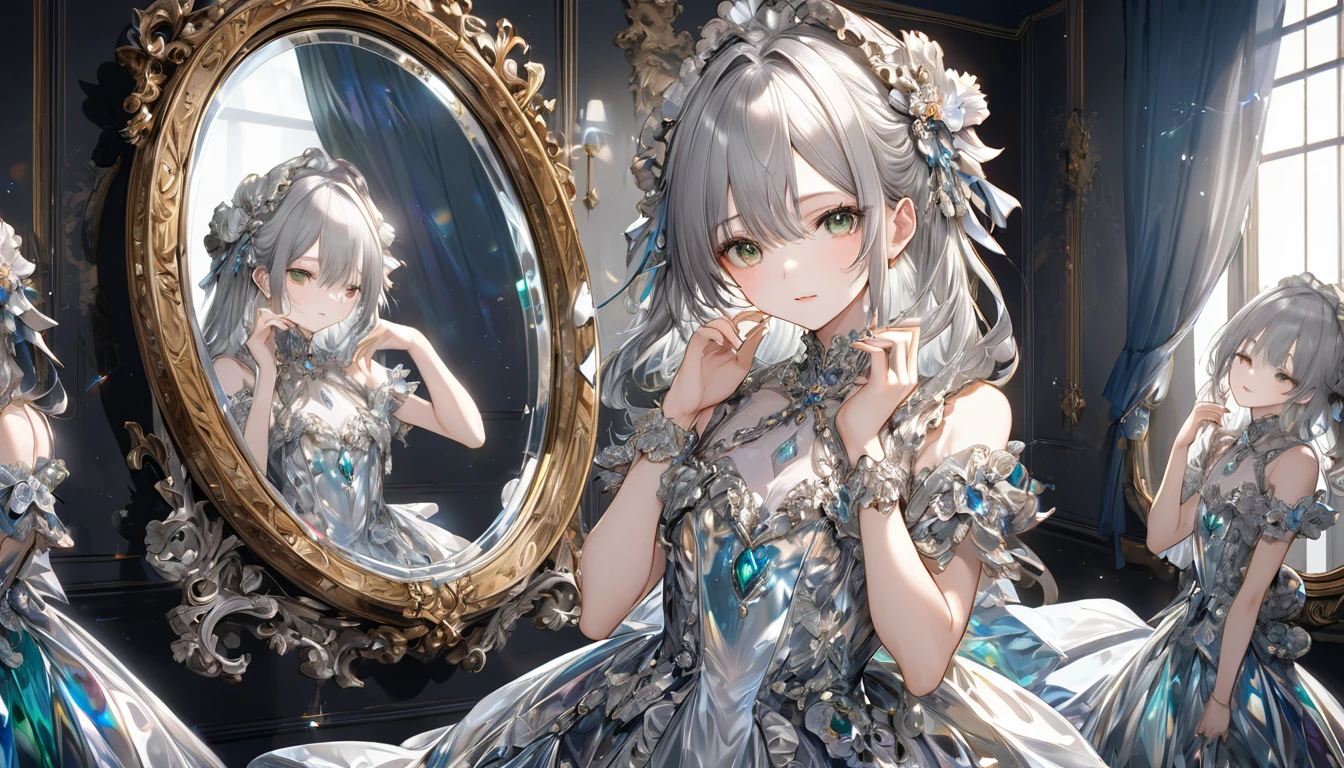 **301. One person。Personification of the mirror。Reflective、The embodiment of a reflecting mirror。Cowboy shot or close-up。
masterpiece, best quality, ultra detailed (Detailed fingers), (Emotional), (Breathtakingly beautiful),
(main part: 1.2 Whole body。), (Anime Style), (Very detailed), (mirror personification),
(超High resolution, High resolution), (8k), (High resolution: 1.2), (Complex and beautiful: 1.2)**
- background: Luxurious Baroque room、A space with mirrors lining the walls。
- Personification: Young woman, around 18 years old、Wearing a shiny dress that mimics the reflection of a mirror。
-pose: Staring at the mirror as if to reflect oneself。
-expression: Confident gaze、A satisfied expression on the screen。
- Effects: 光が鏡面でReflective、Glow-in-the-dark effect。
-color: Silver and crystal、A color that symbolizes the transparency and brilliance of a mirror。