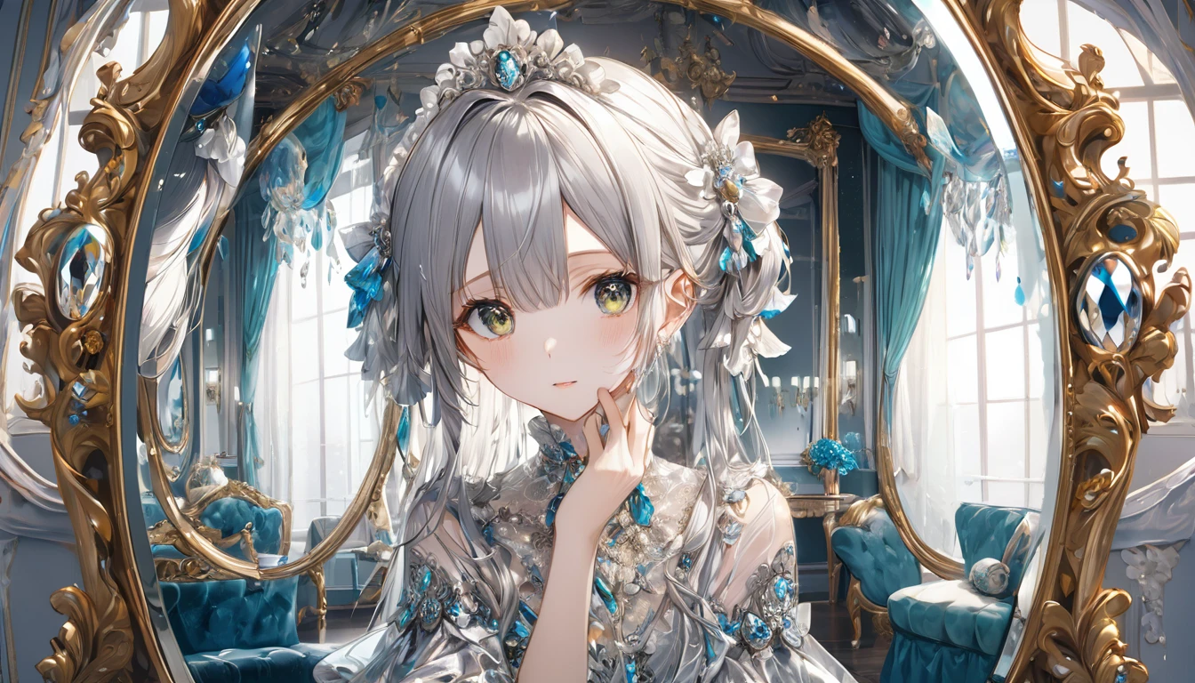 **301. One person。Personification of the mirror。Reflective、The embodiment of a reflecting mirror。Cowboy shot or close-up。  
masterpiece, best quality, ultra detailed (Detailed fingers), (Emotional), (Breathtakingly beautiful),  
(main part: 1.2 Whole body。), (Anime Style), (Very detailed), (mirror personification),  
(超High resolution, High resolution), (8k), (High resolution: 1.2), (Complex and beautiful: 1.2)**
- background: Luxurious Baroque room、A space with mirrors lining the walls。
- Personification: Young woman, around 18 years old、Wearing a shiny dress that mimics the reflection of a mirror。
-pose: Staring at the mirror as if to reflect oneself。
-expression: Confident gaze、A satisfied expression on the screen。
- Effects: 光が鏡面でReflective、Glow-in-the-dark effect。
-color: Silver and crystal、A color that symbolizes the transparency and brilliance of a mirror。
