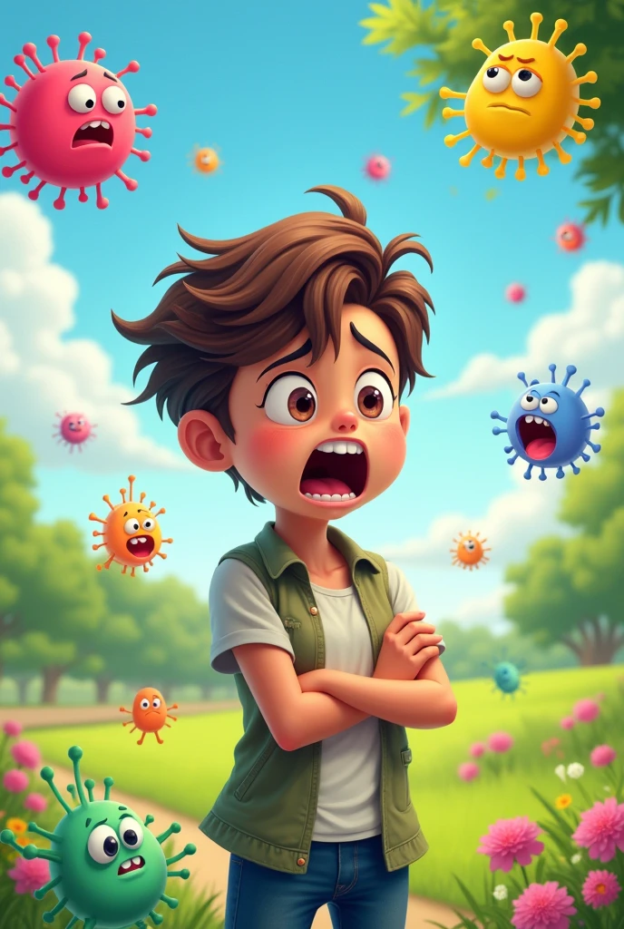 Realistic image of a person with bad breath and several germs around .the image is creative, colorfully, several details
 .The environment is clear