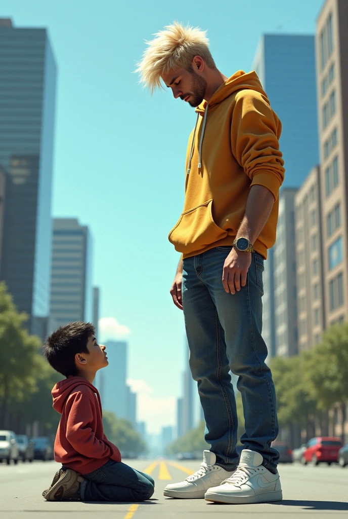 Tiny dark haired midget by worship to tall, blond haired giant young guy. Realistic. Modern time. Boy bow down at giant's feet. Domination. Giant with white sneakers. Macrophilia.