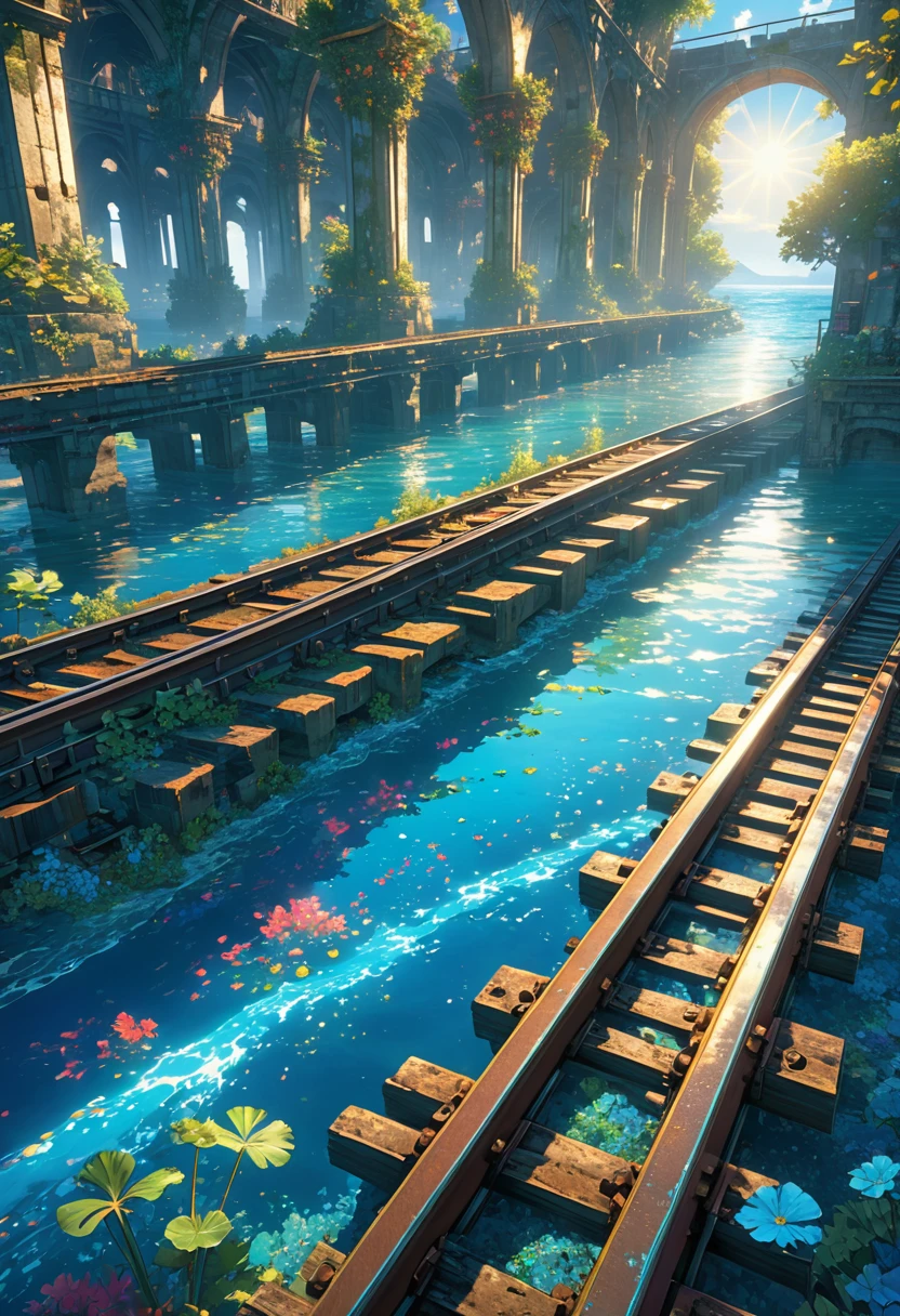 score_9, score_8_upper, score_7_upper,A city sunk to the bottom of the sea,train,ruins,beautiful海,Sunken rail,(((Blue overall color))),summer,Streaks of light from the water surface,(masterpiece, Highest quality, Highest quality, Official Art, beautifull, beautiful:1.2,Ray Tracing),Very detailed,Blue tones,Very detailed, (Fractal Art:1.3), Most detailed, High resolution, Impressive visuals, (Dynamic Stripes, Light trail:1.2), Vibrant colors ,Detailed Images