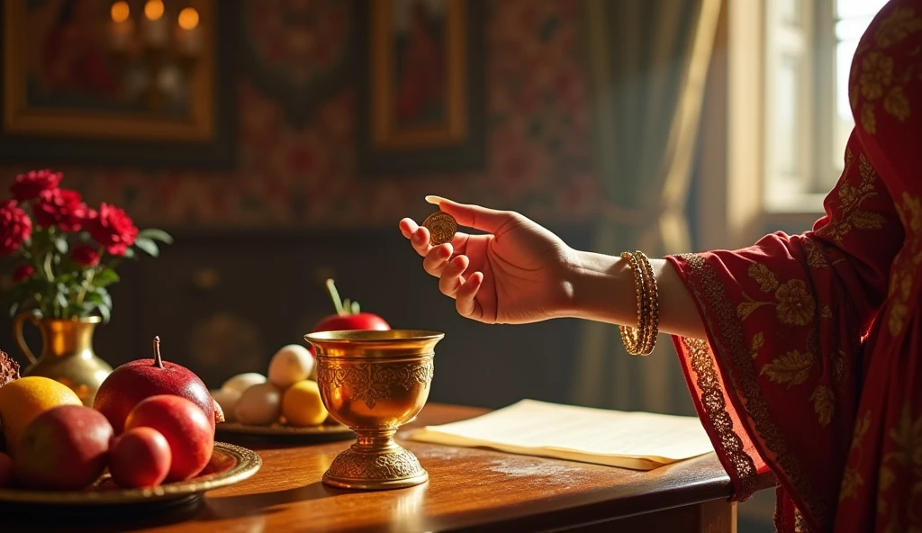 Create a hyper-realistic image of an antique wooden table, where items of great value are displayed, like a golden cup, fresh fruit and a scroll of parchment with inscriptions of wisdom. Next to these items, A feminine hand, adorned with gold bracelets, is about to hand a coin to a child who looks on in admiration. The scene should focus on the richness of the details of the clothing, like the embroidered sleeves and luxurious fabrics, representing that generosity manifests itself both in material goods and in wisdom and care. The texture of objects and clothing must be hyper-realistic, emphasizing the importance of generosity in building lasting connections.