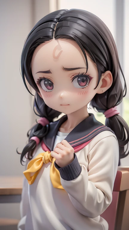 Girl、Primary school students、small、sharp、Black Hair,、Pigtails、The forehead is visible、Forehead、