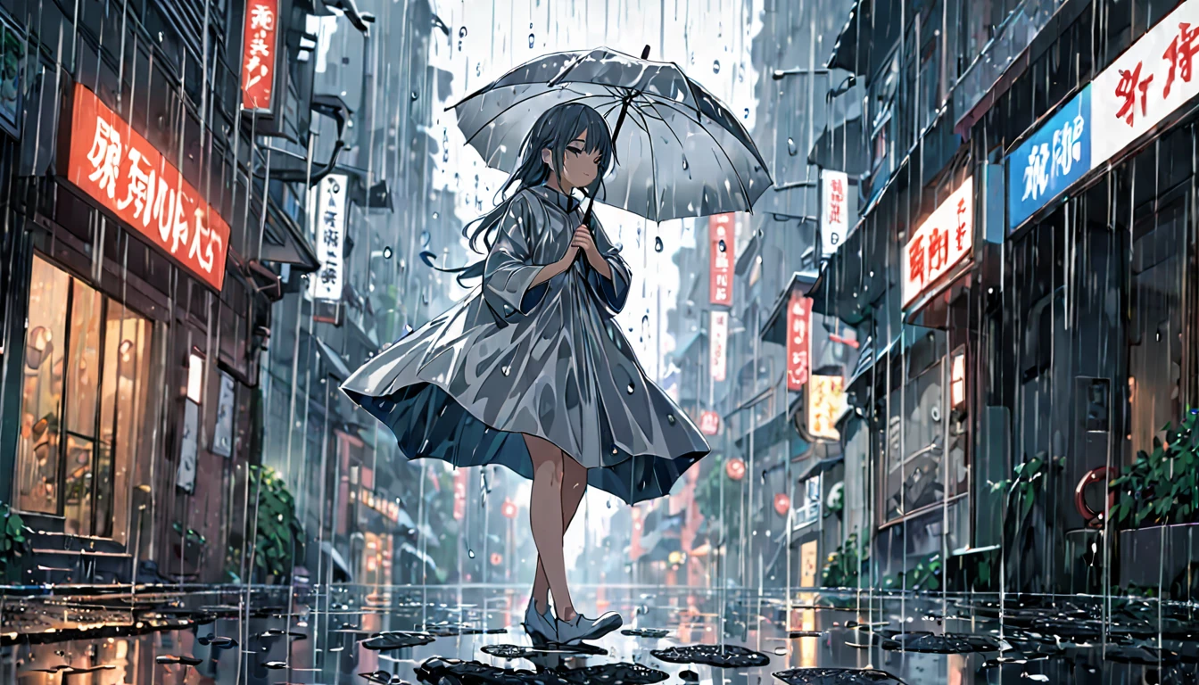 **302. One person。Anthropomorphic rain。The embodiment of the quietly falling rain。Cowboy shot or close-up。
masterpiece, best quality, ultra detailed (Detailed fingers), (Emotional), (Breathtakingly beautiful),
(main part: 1.2 Whole body。), (Anime Style), (Very detailed), (Rain personification),
(超High resolution, High resolution), (8k), (High resolution: 1.2), (Complex and beautiful: 1.2)**
- background: A quiet street where the rain keeps falling、Scenery of shiny wet cobblestones。
- Personification: Young woman, around 18 years old、Wearing a silver dress designed to resemble raindrops。
-pose: Hold out an umbrella、Walking through the rain-soaked city。
-expression: A look of sadness and tranquility、Quietly lost in thought。
- Effects: The rain continues to fall quietly、An effect that gives the entire city a moist atmosphere。
-color: Gray and blue、A color scheme that symbolizes the moist colors of rain。
