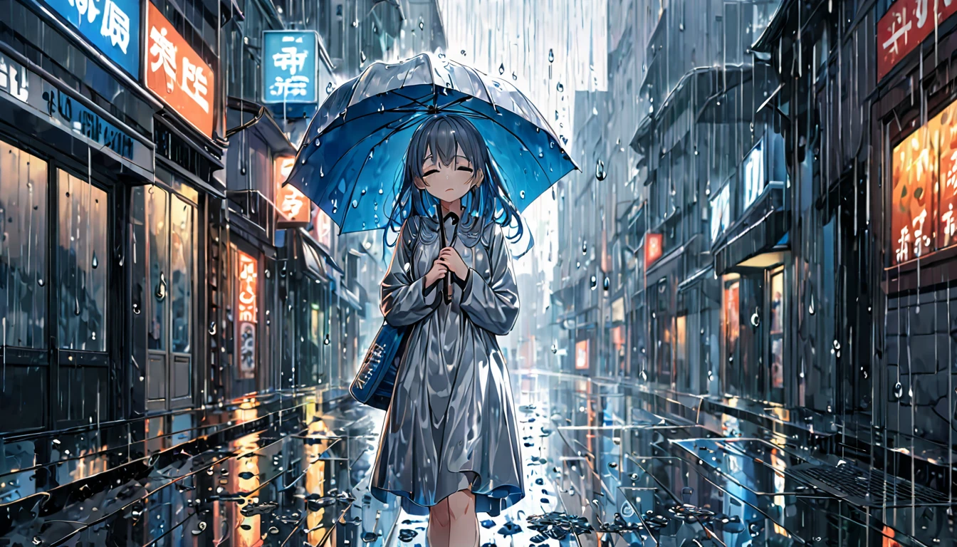 **302. One person。Anthropomorphic rain。The embodiment of the quietly falling rain。Cowboy shot or close-up。  
masterpiece, best quality, ultra detailed (Detailed fingers), (Emotional), (Breathtakingly beautiful),  
(main part: 1.2 Whole body。), (Anime Style), (Very detailed), (Rain personification),  
(超High resolution, High resolution), (8k), (High resolution: 1.2), (Complex and beautiful: 1.2)**
- background: A quiet street where the rain keeps falling、Scenery of shiny wet cobblestones。
- Personification: Young woman, around 18 years old、Wearing a silver dress designed to resemble raindrops。
-pose: Hold out an umbrella、Walking through the rain-soaked city。
-expression: A look of sadness and tranquility、Quietly lost in thought。
- Effects: The rain continues to fall quietly、An effect that gives the entire city a moist atmosphere。
-color: Gray and blue、A color scheme that symbolizes the moist colors of rain。
