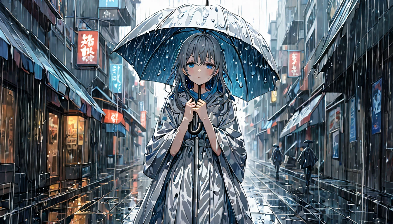 **302. One person。Anthropomorphic rain。The embodiment of the quietly falling rain。Cowboy shot or close-up。
masterpiece, best quality, ultra detailed (Detailed fingers), (Emotional), (Breathtakingly beautiful),
(main part: 1.2 Whole body。), (Anime Style), (Very detailed), (Rain personification),
(超High resolution, High resolution), (8k), (High resolution: 1.2), (Complex and beautiful: 1.2)**
- background: A quiet street where the rain keeps falling、Scenery of shiny wet cobblestones。
- Personification: Young woman, around 18 years old、Wearing a silver dress designed to resemble raindrops。
-pose: Hold out an umbrella、Walking through the rain-soaked city。
-expression: A look of sadness and tranquility、Quietly lost in thought。
- Effects: The rain continues to fall quietly、An effect that gives the entire city a moist atmosphere。
-color: Gray and blue、A color scheme that symbolizes the moist colors of rain。