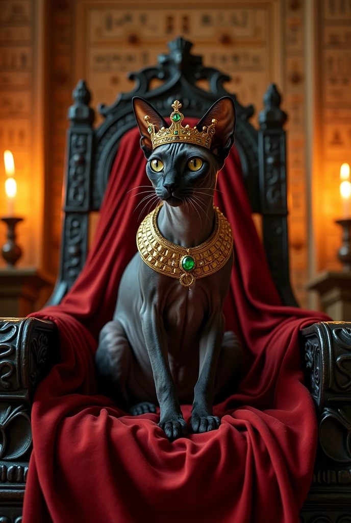 a hairless cat king of egypt, with a crown and a dark look sitting on a chair 