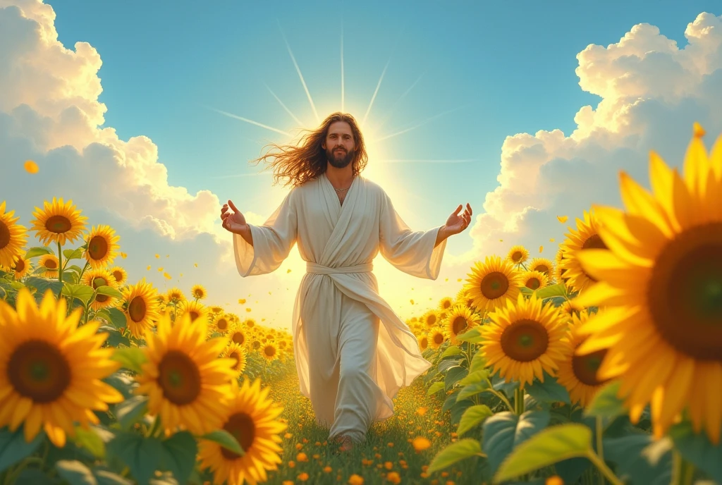Jesus walking in sunflower field