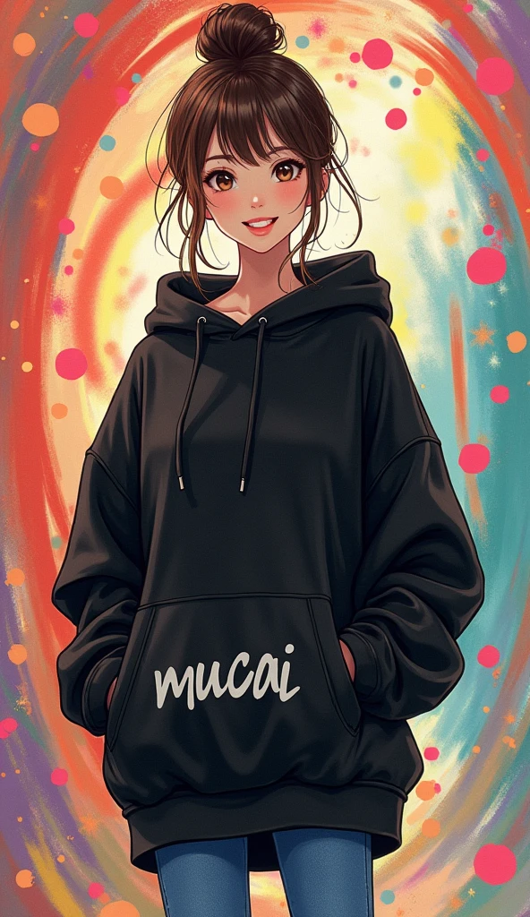 a full body picture of japanesse woman, bun highlighted brown hair, wearing black hoodie write "MUCAI" on long cut hoodie and blue jeans, back ground is colorful, vibrant, ((Masterpiece, Top Quality, High Resolution, Photorealistic, Raw, 8K)), standing and facing forward, smilling