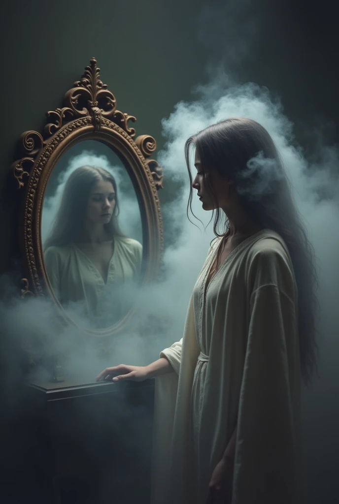 A mystical, inscrutable fog slowly engulfs a young american woman, her shadowy form cloaked in ambiguity. Foreground features an antiquated, elaborately decorated mirror that reflects an indistinct image, signifying the hidden truth of her identity. The entire scene is immersed in nuanced hues of riddle and secrecy, hinting at the enigma contained within the yet to be revealed narrative of a daughter unearthing her concealed history.