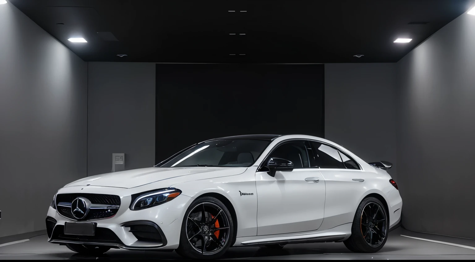 a white 2025 Mercedes AMG E53, parked in a large room with a large window, vehicle photography, new vehicle, the ugliest car in the world, steel gray body, cinematic front shot, vehicle concept photo!!, trending on vehicle design, automotive photography, vehicle design, concept, full view of a car, medium long shot, futuristic product car shot, a wide full shot, front angle, in the race