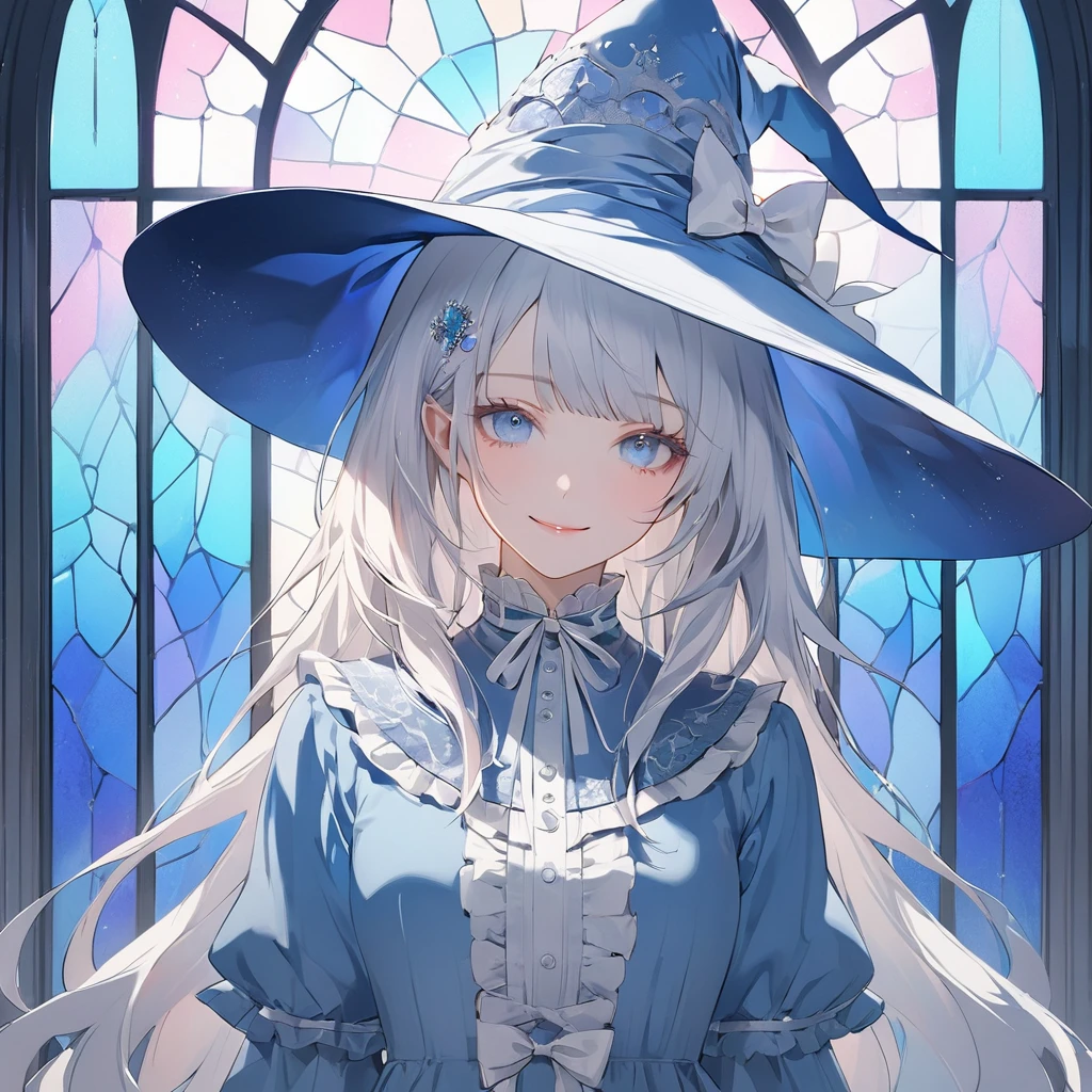 (pastel color theme art),(top-quality),(masterpiece),(1 girl),(solo),Delicately drawn face,girl with a pretty face,beautiful detailed blue eyes,beautiful detailed blue witch hat with white ribbon ornament,beautiful detailed blue lolita witch fashions with ruffles,((white and blue costume)),(Beautiful silky white hair:1.3),pale skin,a beautiful artistic illustration,blue theme,beautiful smile,frontal face,Medium shot,flat color,soft gradient,((standing in front of pastel blue stained glass wall)),(((stained glass is only blue)))