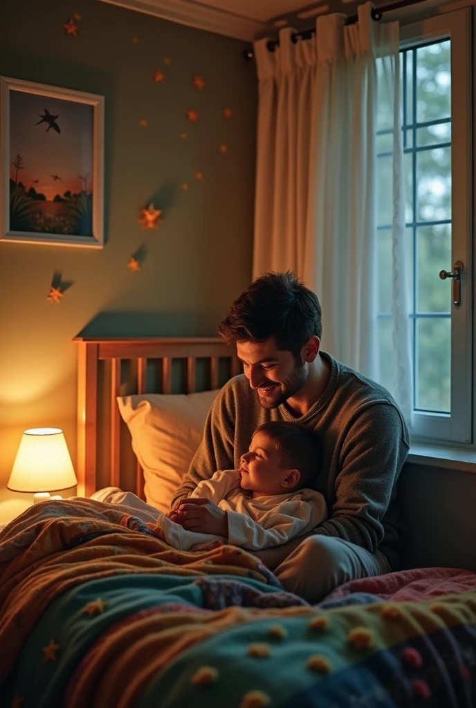 Create 10 images of a conversation between a father and son before bed. The father tells stories, but without using a book