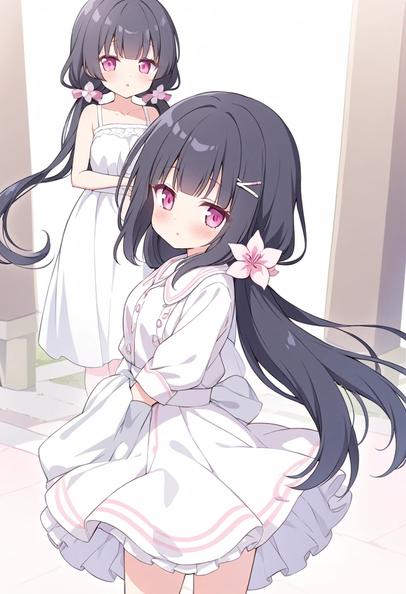 MORIZONOMEI, BLACK HAIR, HAIR FLOWER, HAIRCLIP, BLUNT BANGS, LOW TWINTAILS, HAIR OVER SHOULDER, LONG HAIR, PINK EYES,., plateau、White dress、The wind is blowing、Skirt flipped up