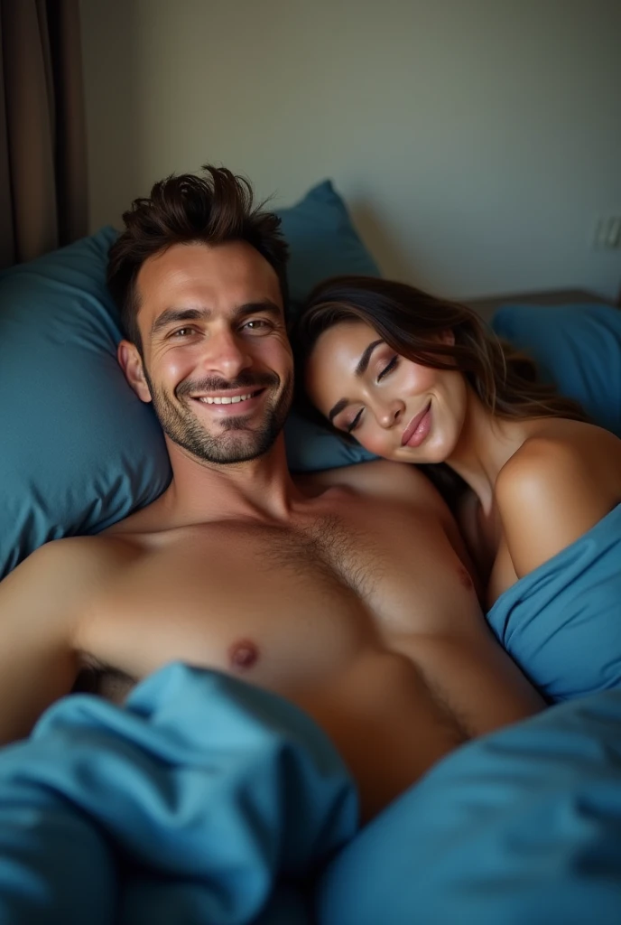 a shirtless man couché dans son lit ,next to him sleeping women here back show and on his chest, couché dans son lit, Posant au lit, volet, selfie d'un homme, joli jeune homme, poitrine poilue et corps poilu, masculin sexy, allongé sur un lit, regard sexy devant la caméra, homme de 30 ans, Allongé dans son lit, mâle attirant, en posant dans le même lit selfie man in his bed with girl next to him like they had sex happy