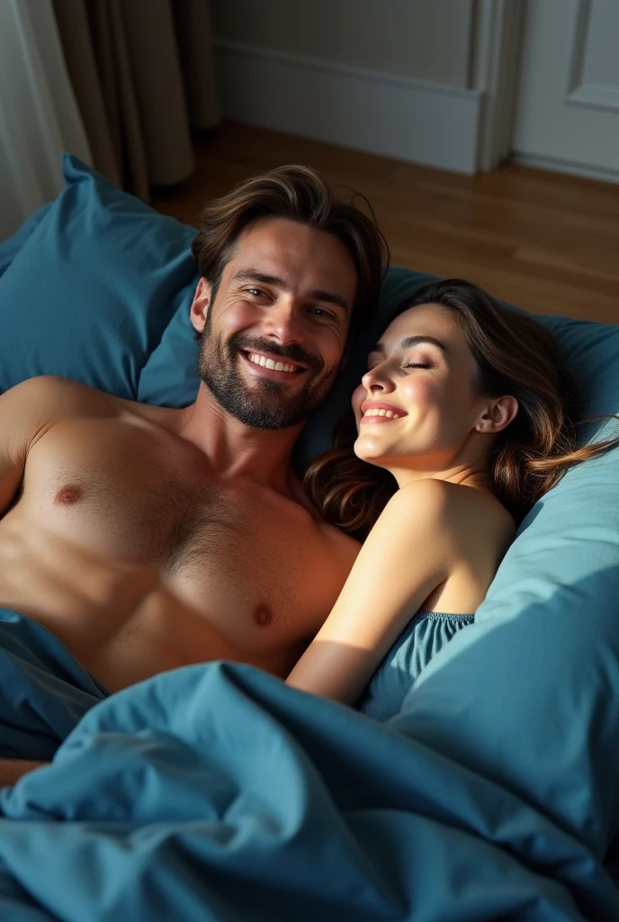 a shirtless man couché dans son lit ,next to him sleeping women here back show and on his chest, couché dans son lit, Posant au lit, volet, selfie d'un homme, joli jeune homme, poitrine poilue et corps poilu, masculin sexy, allongé sur un lit, regard sexy devant la caméra, homme de 30 ans, Allongé dans son lit, mâle attirant, en posant dans le même lit selfie man in his bed with girl next to him like they had sex happy
