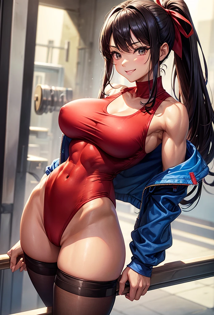 beautiful girl、Big Breasts、Great style、Nice body、Red leotard、Wearing a blue jacket、Leg warmers、Gym Shoes、Bandage、wearing brown tights、Black Hair、ponytail、ribbon、Muscular、Thinly-skinned abs、Beautiful feet、Are standing、smile