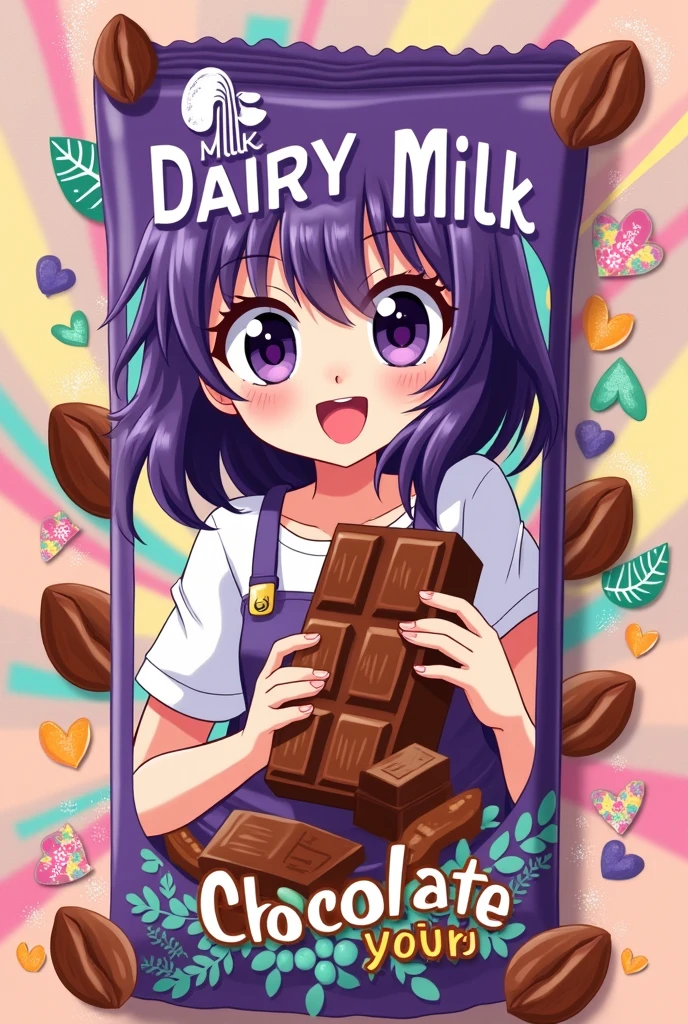 Make popular anime edition of dairy milk choklet with wrapping and change the logo letter in all different fonts