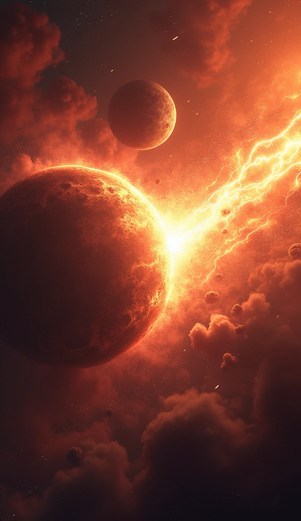 A cataclysmic moment in space where two massive planets collide, unleashing a powerful explosion of energy. The collision is a cosmic ballet of destruction and creation, with the skies filled with fiery reds, intense oranges, and deep purples from the immense friction between the planets. Massive chunks of the planets' surfaces are torn away, spiraling into the distance as blazing meteor showers. At the core of the collision, the planets begin to merge, their atmospheres boiling away in violent swirls of gas and dust. Lightning crackles across the churning mass, and a shockwave of radiant energy ripples through the surrounding space. The entire scene is bathed in the explosive glow, with fragments of the planets tering and creating a mesmerizing, chaotic display of cosmic destruction.