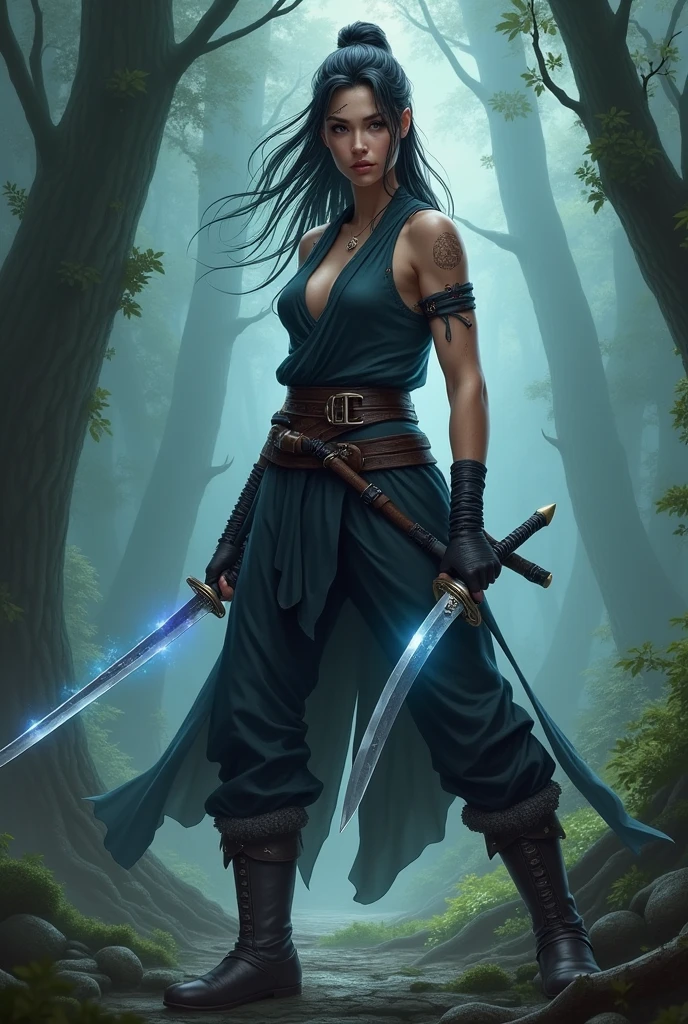 The image portrays a female D&D character with a striking, athletic build, exuding agility and resilience. She stands confidently, dual-wielding two sleek katanas with expert precision, suggesting her mastery in combat. Her attire is lightweight and practical, crafted for maximum flexibility and speed rather than protection, highlighting her exceptional dexterity. She wears a form-fitting, sleeveless tunic made of dark, sturdy cloth that flows with her movements, paired with similarly light trousers and high boots. Her clothing might have subtle, intricate patterns or runes, suggesting some magical enhancement, but there is no armor present.

Her posture is dynamic, perhaps in mid-strike or ready to dodge, showcasing her high agility and endurance. Her expression is one of focus and determination, with sharp eyes that hint at her quick reflexes and tactical mind. She might have a few scars, subtle reminders of past battles, further emphasizing her experience and toughness.

The background could suggest a natural or mystical setting, like a dense forest or an ancient temple, where her agility and adaptability are advantageous. The overall color palette might be dominated by darker tones, such as deep blues, blacks, or muted greens, with the metallic gleam of her katanas standing out prominently. The scene should convey a sense of speed, precision, and grace, reflecting her expertise as a dual-wielding warrior who relies on her agility and toughness rather than heavy armor.