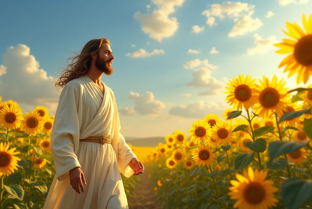 Jesus walking in sunflower field
