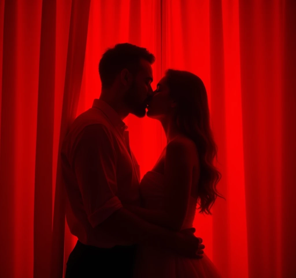 make a shadow of two people kissing behind the curtain, it should be visible that it is a man and a woman kissing, uniform background, red color, perfect, 8k, 4k