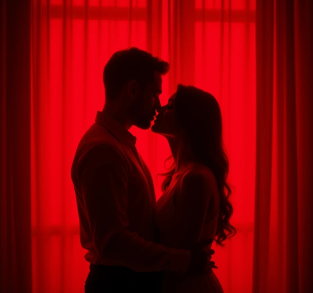 make a shadow of two people kissing behind the curtain, it should be visible that it is a man and a woman kissing, uniform background, red color, perfect, 8k, 4k