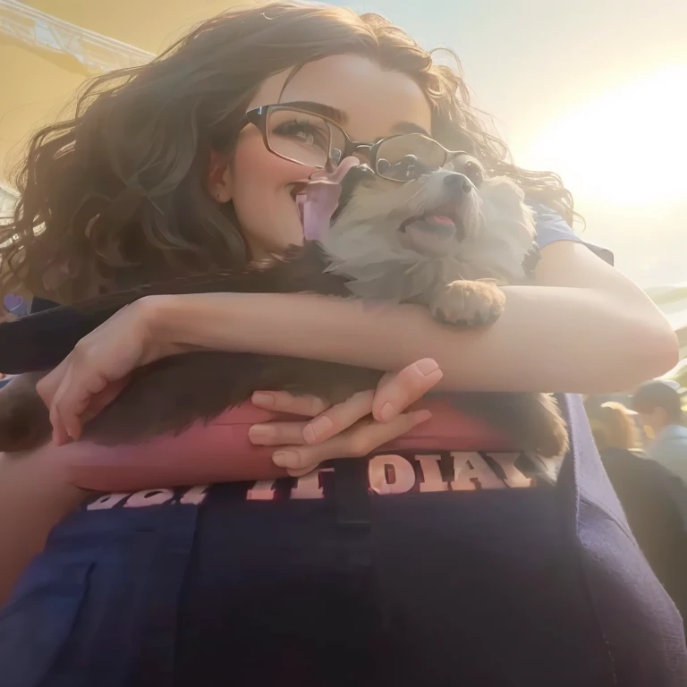 a beautiful girl with short, slightly wavy hair, with glasses, holding her brown shitzu dog in disney pixar style at an amusement park