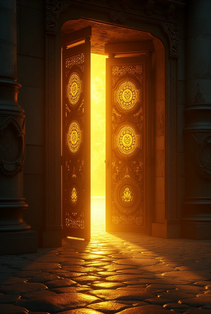 The image is viewed from a slightly elevated, straight-on angle, as if the viewer is looking down towards the the gate. The gate should be intricately designed with glowing, 8 mystical symbols and patterns, and it should emit a bright, golden light from the opening. The surrounding environment is dark and shadowy, creating a stark contrast with the golden light. The overall atmosphere should evoke a sense of mystery, wonder, and the beginning of an adventure, with the glowing symbols suggesting magic or hidden knowledge