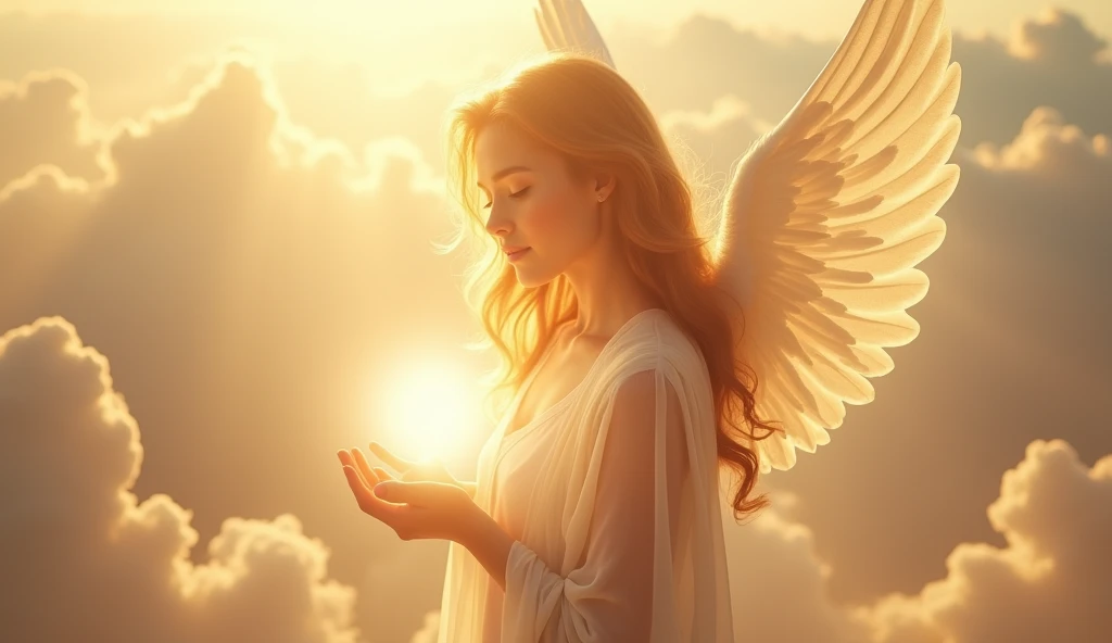 A beautiful angel with flowing golden hair and radiant white wings, hovering gently above a cloud-filled sky bathed in soft, golden light. She wears a delicate, sheer gown that glows softly, accentuating her graceful form. Her serene eyes are closed as she cradles a glowing orb of divine light in her hands, casting a peaceful, calming aura that envelops the entire scene, guiding viewers into a state of tranquil relaxation. Aim for realistic depiction, make sure photos are at highest resolution (8K)