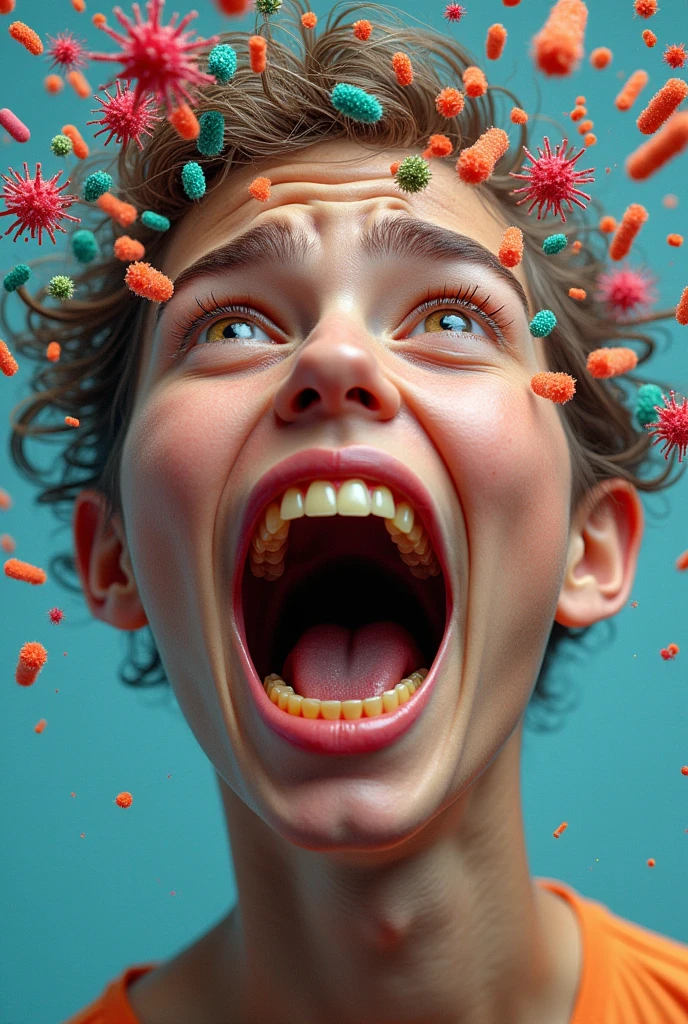 Realistic image of a person with yellow teeth ,bad breath and lots of germs around .the image is creative, colorfully, several details
.The environment is clear