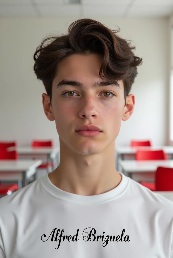 Create a hyper realistic poster of a white 16 year old MAN, with wavy brown hair and dark brown eyes, hairstyle must be short curtains/middle part, slim build, dark navy blue sweater/jersey, background must be a white empty classroom with white desks and red chairs, in the University of the Incarnate Word Bajío, Mexico, facial expression must be neutral. Ethnicity must be white. Soft facial features, And a feminine jawline with a short ramus length. Poster must include a text saying “Alfred Brizuela”