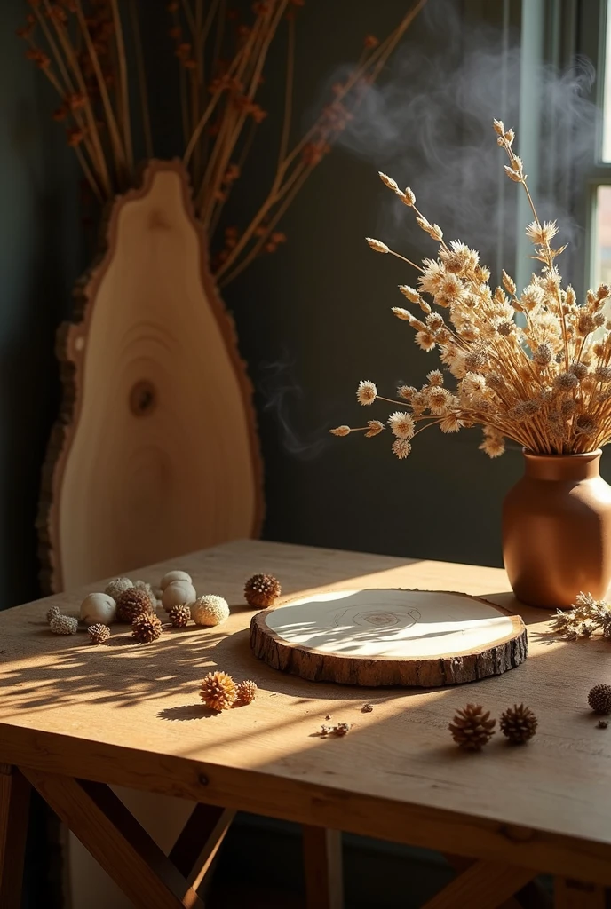 imagine this ya dark brown background and add a wooden table in the front. Add a wooden circle piece on the table and add some dry props. add some natural light in the side and also addsome brown and white floral aroma in a one brown vase. add a natural wood piece and add a smoke in the background