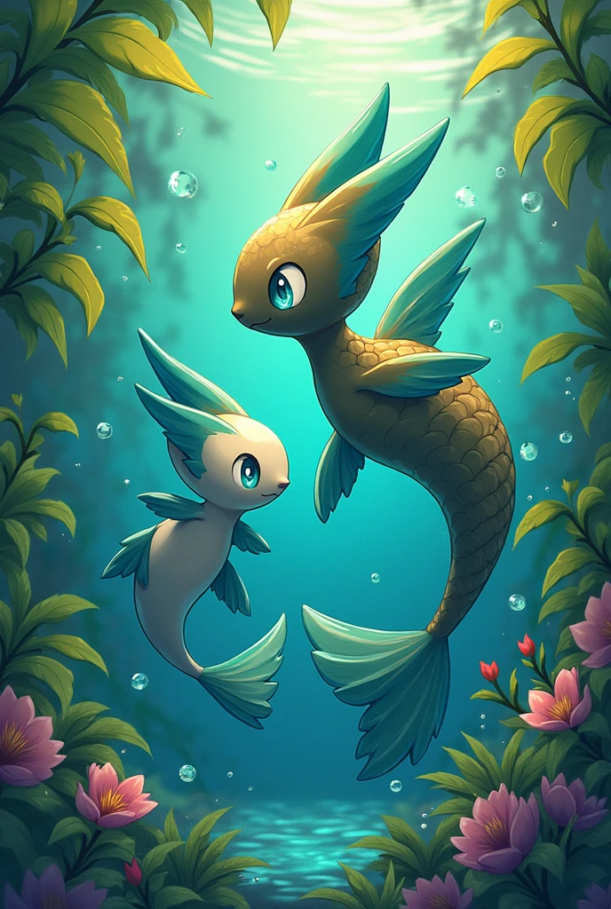 Drawing of two Pokemon, a pre-evolution and an evolution of this water and ground type pokemon, inspired by a nothobranchius.